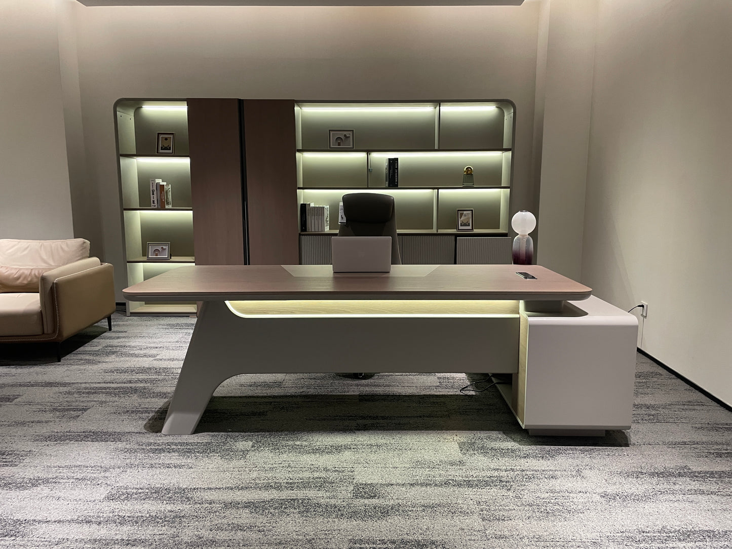 Futuristic Asymmetric Executive Desk | Cantilever L-Shaped Manager Workstation with LED Lighting