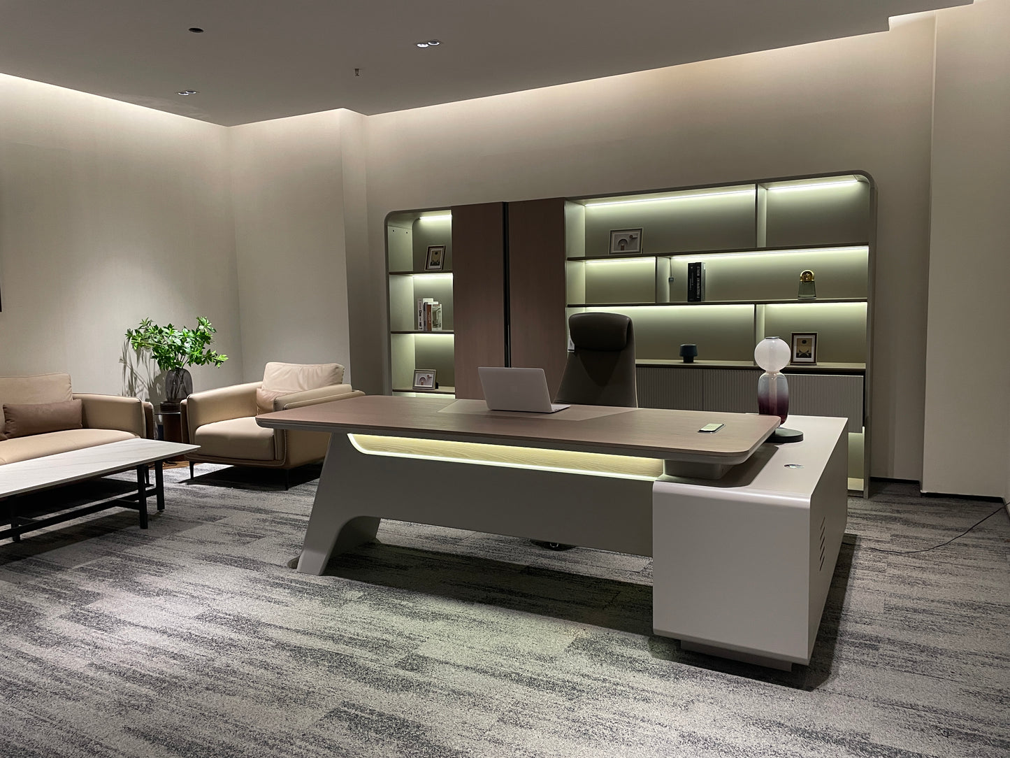 Futuristic Asymmetric Executive Desk | Cantilever L-Shaped Manager Workstation with LED Lighting