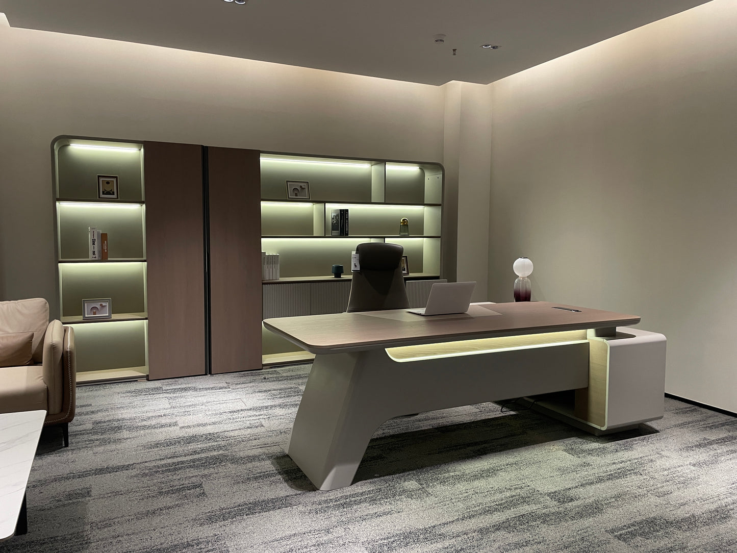 Futuristic Asymmetric Executive Desk | Cantilever L-Shaped Manager Workstation with LED Lighting