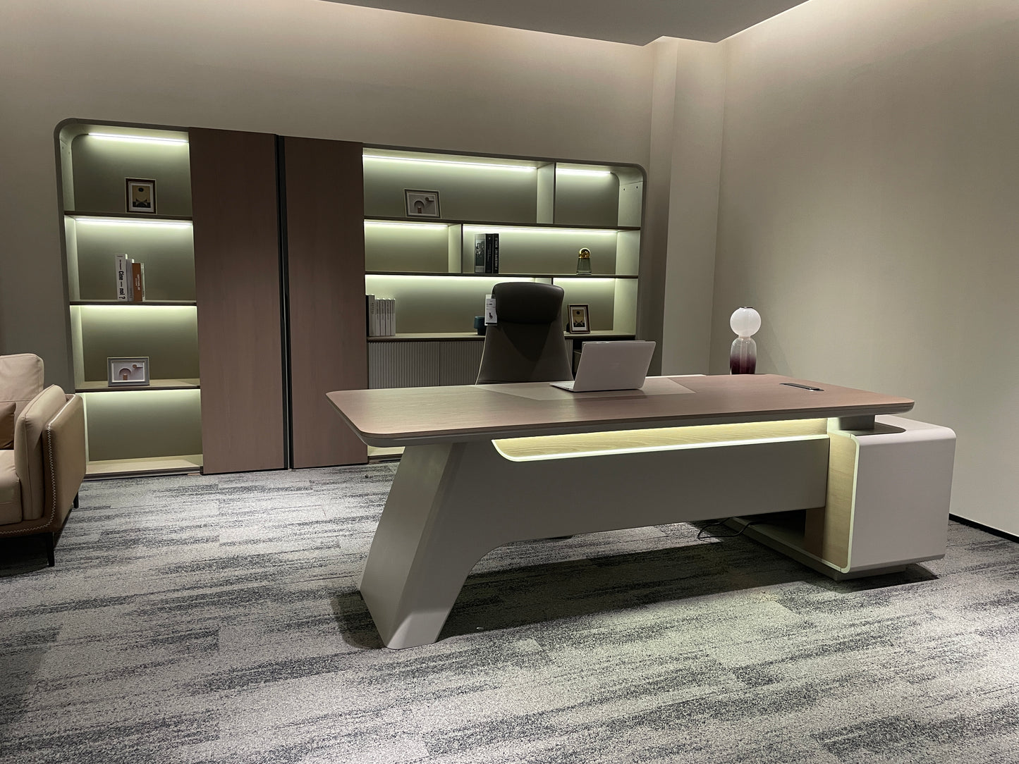 Futuristic Asymmetric Executive Desk | Cantilever L-Shaped Manager Workstation with LED Lighting