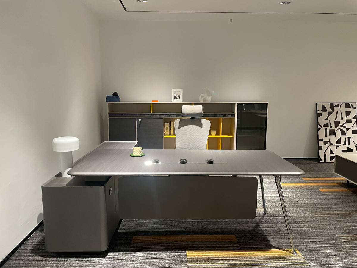 Modern Executive Dark Walnut Desk | Luxury Workstation with Sculpted Orange Accent Modesty Panel
