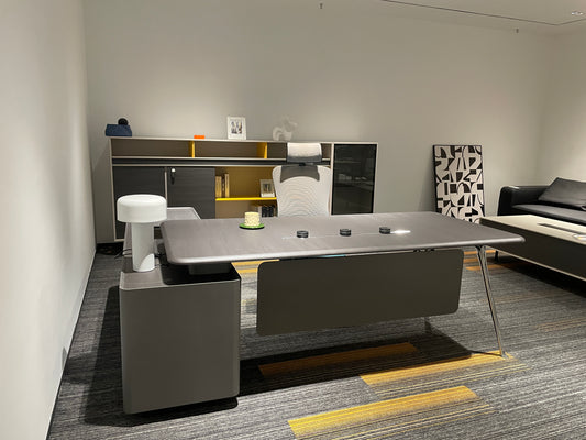 Modern Executive Dark Walnut Desk | Luxury Workstation with Sculpted Orange Accent Modesty Panel