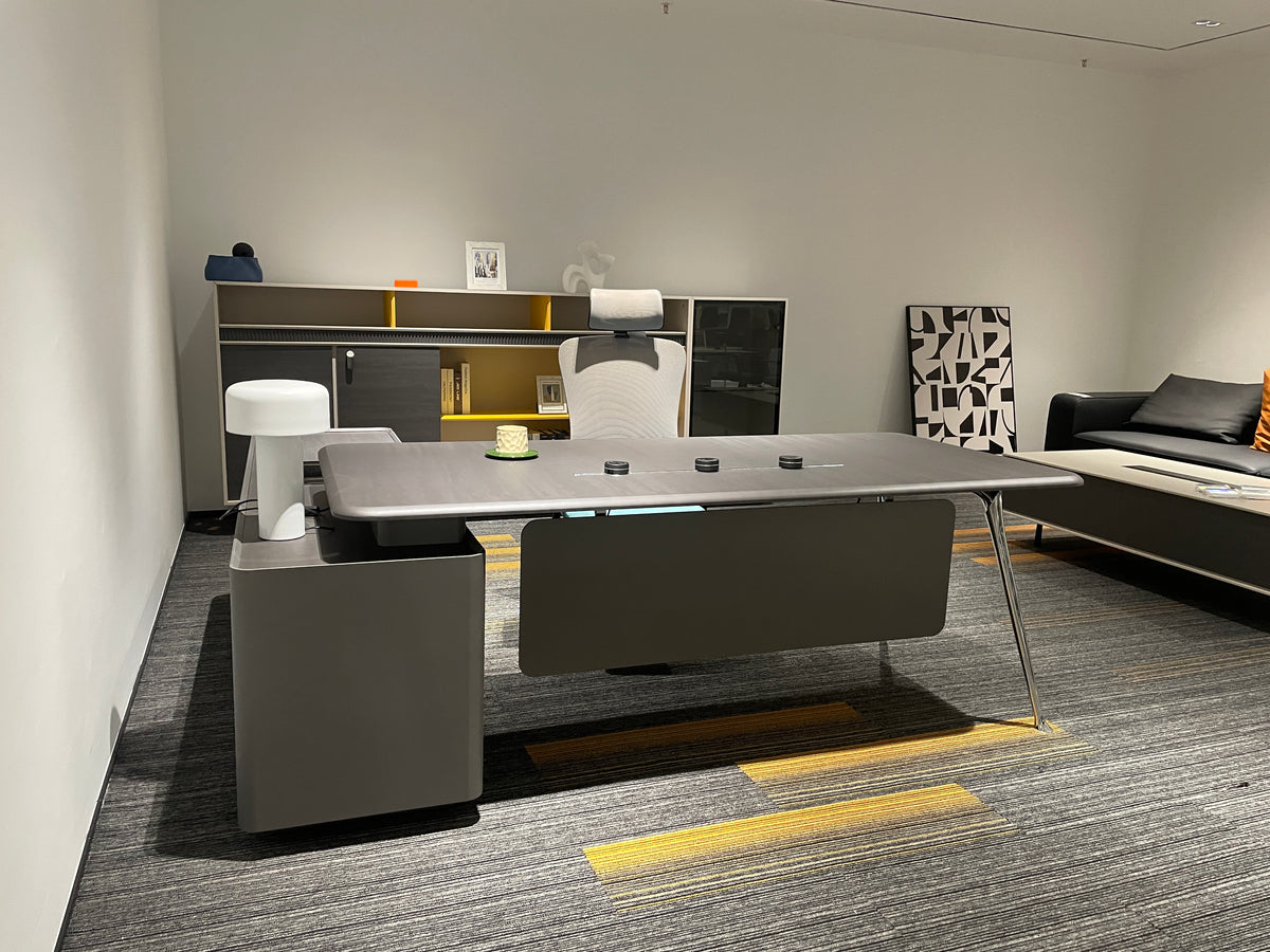 Modern Executive Dark Walnut Desk | Luxury Workstation with Sculpted Orange Accent Modesty Panel
