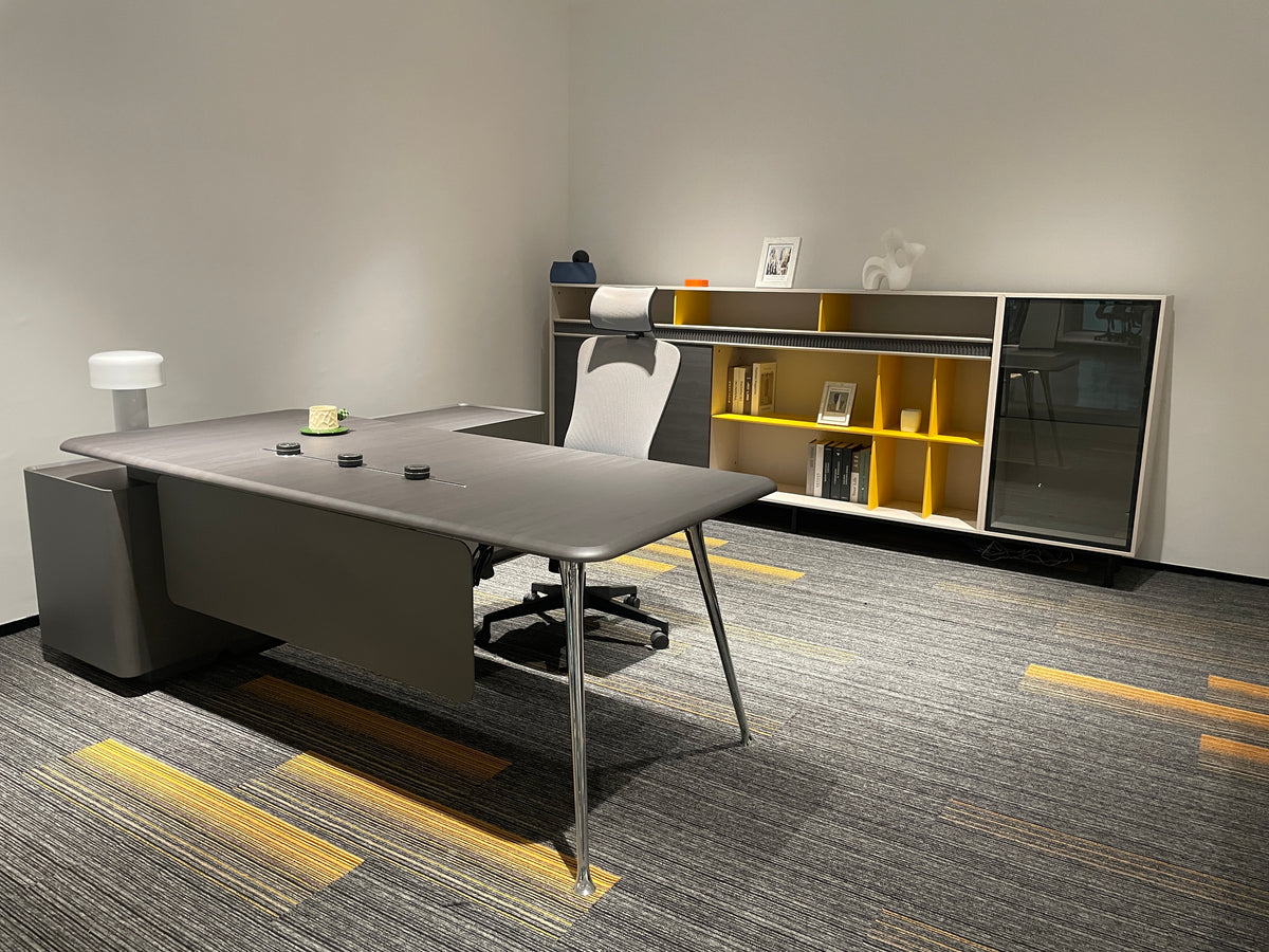Modern Executive Dark Walnut Desk | Luxury Workstation with Sculpted Orange Accent Modesty Panel