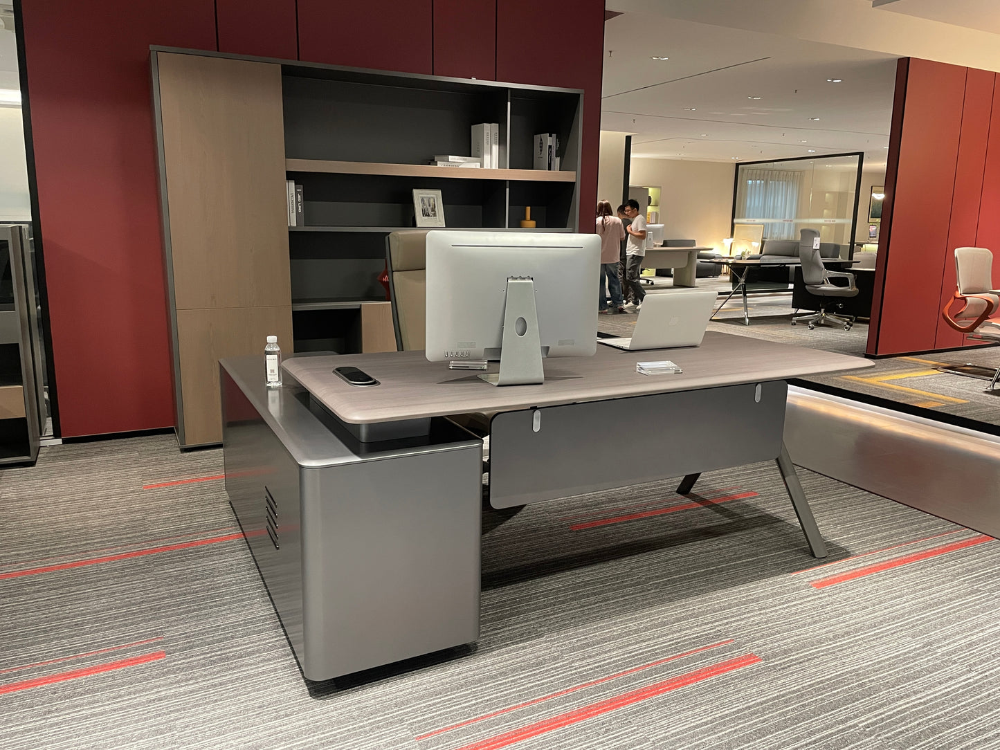 Modern Metallic Space Grey Executive Desk | L-Shaped Workstation with Titanium Silver Credenza
