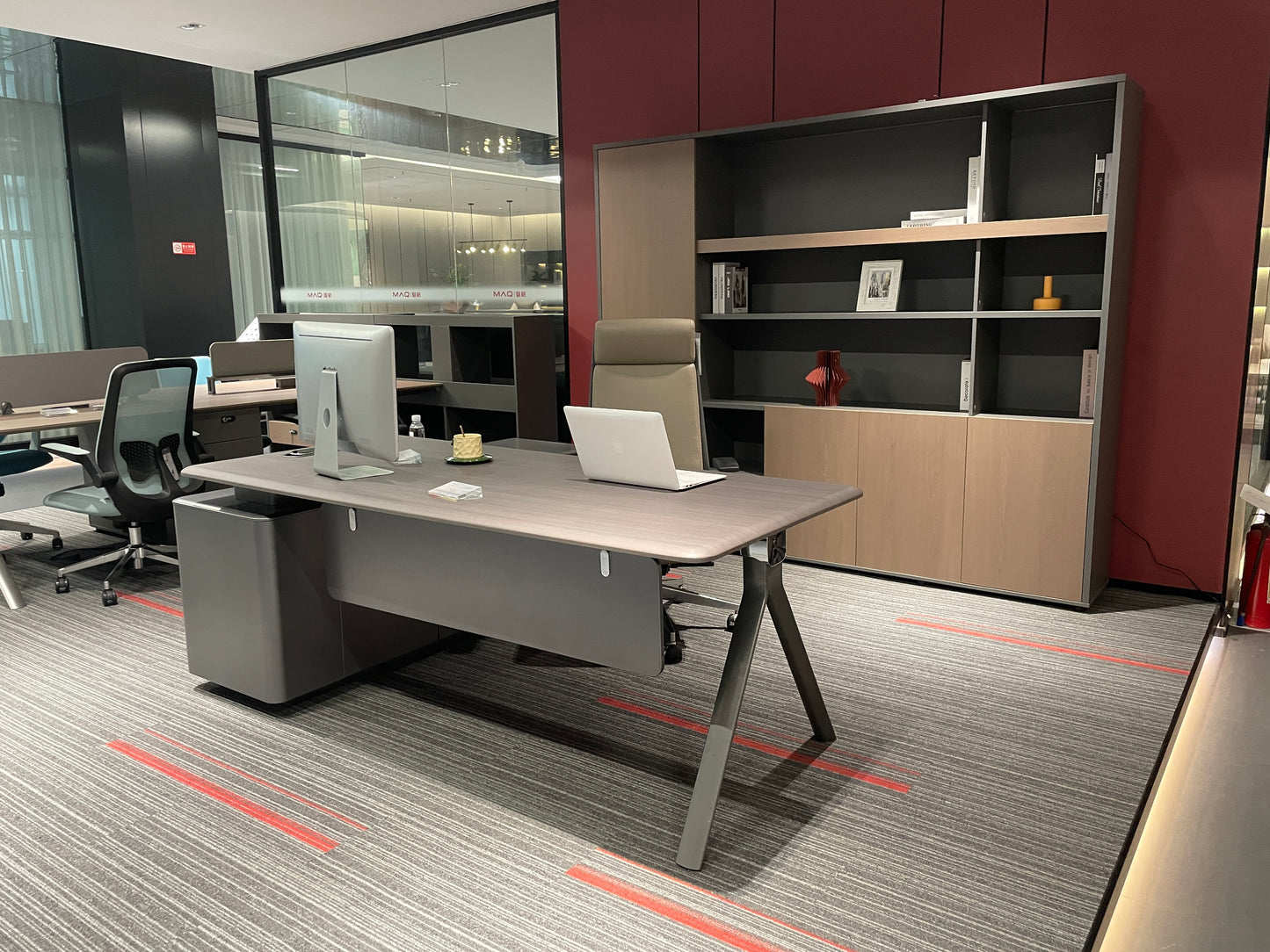 Modern Metallic Space Grey Executive Desk | L-Shaped Workstation with Titanium Silver Credenza