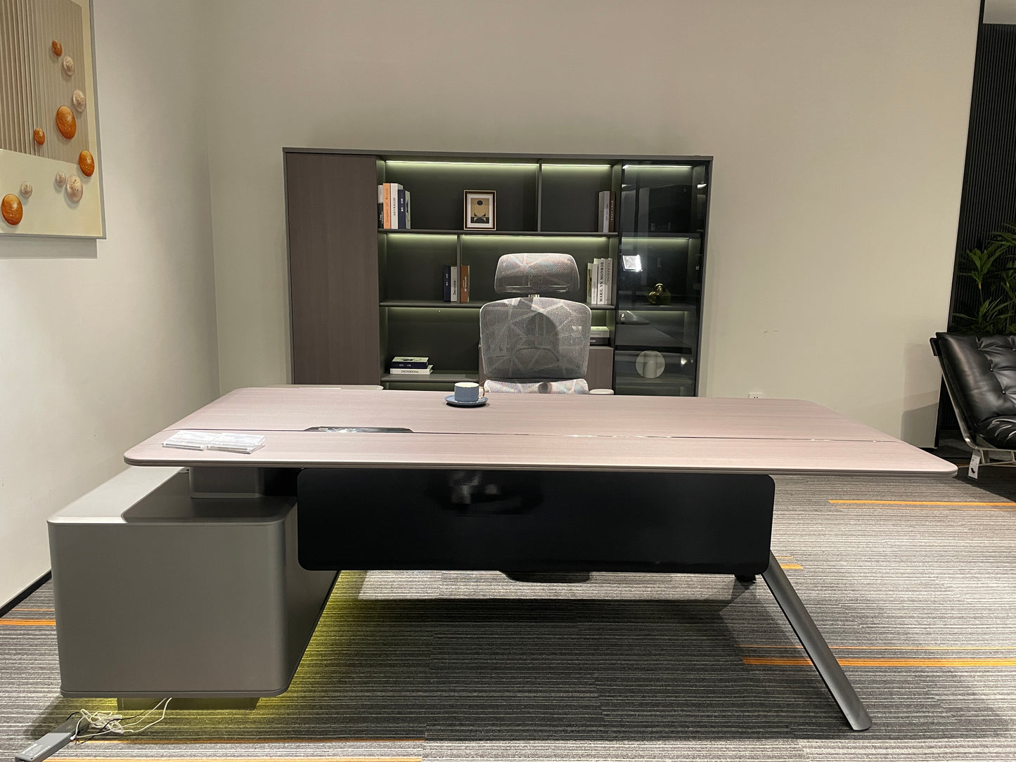 Modern Tech Executive Desk | L-Shaped Symmetrical Modesty Workstation with LED Side Credenza