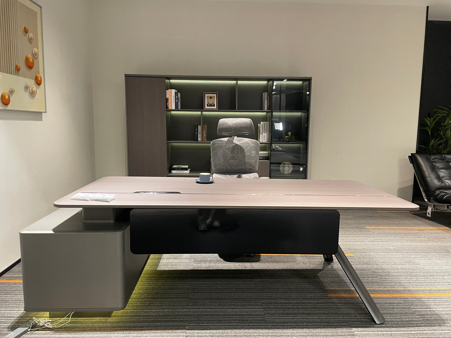 Modern Tech Executive Desk | L-Shaped Symmetrical Modesty Workstation with LED Side Credenza
