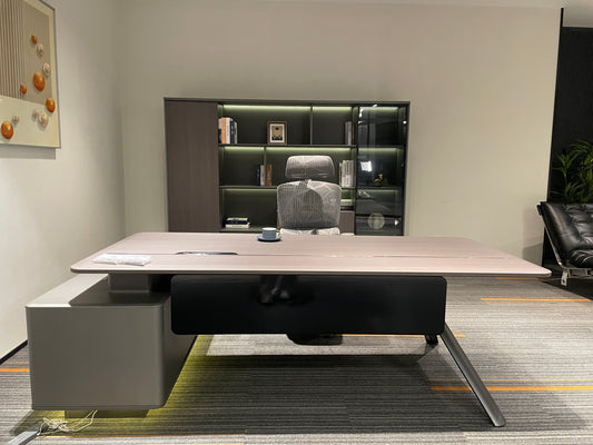 Modern Tech Executive Desk | L-Shaped Symmetrical Modesty Workstation with LED Side Credenza