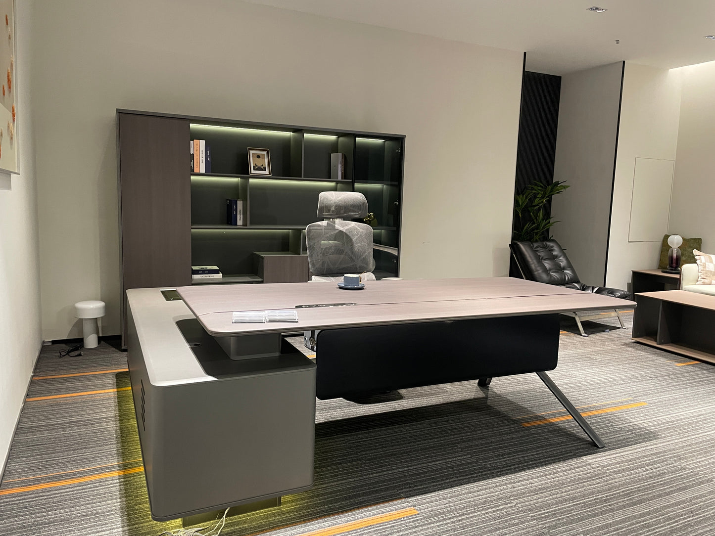 Modern Tech Executive Desk | L-Shaped Symmetrical Modesty Workstation with LED Side Credenza