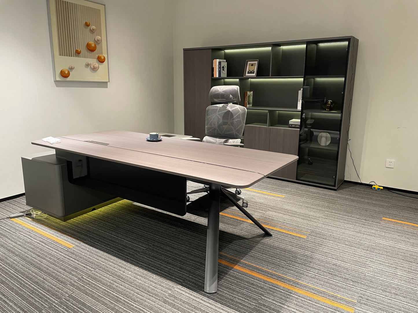 Modern Tech Executive Desk | L-Shaped Symmetrical Modesty Workstation with LED Side Credenza