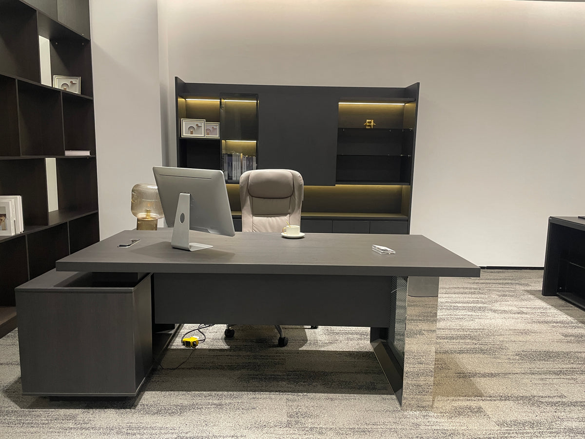 Modern Luxury Charcoal Executive Desk | L-Shaped Manager Workstation with Chrome Loop Leg