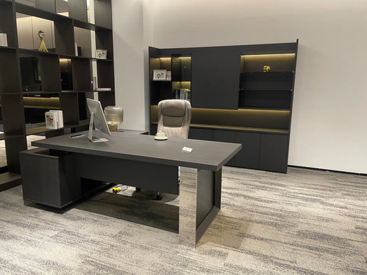 Modern Luxury Charcoal Executive Desk | L-Shaped Manager Workstation with Chrome Loop Leg