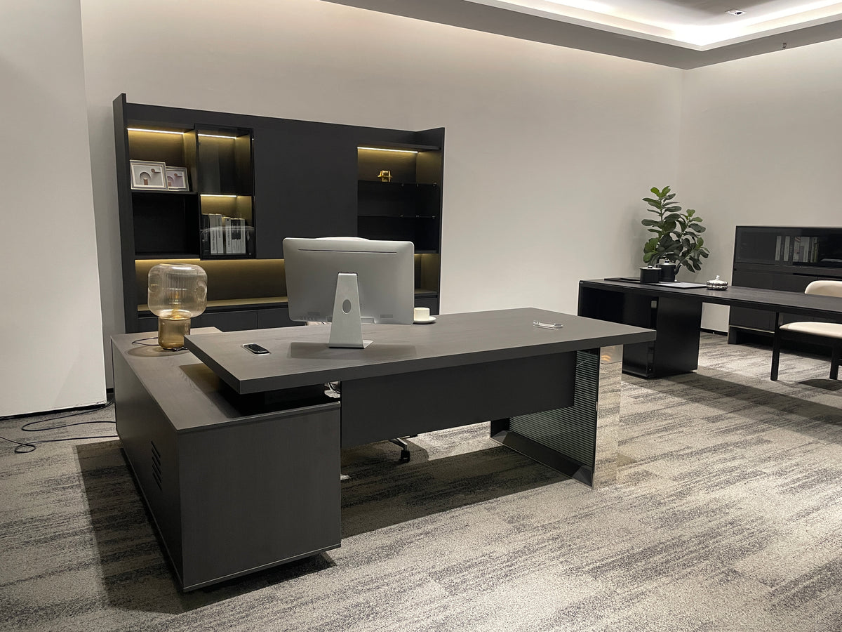 Modern Luxury Charcoal Executive Desk | L-Shaped Manager Workstation with Chrome Loop Leg