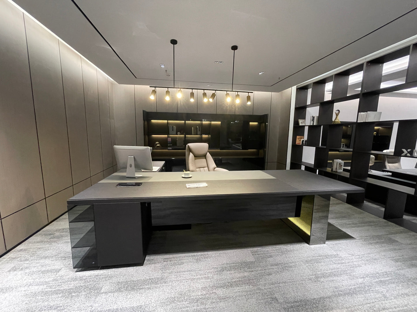 Obsidian Luxury Executive Desk | L-Shaped Manager Workstation with Illuminated Base