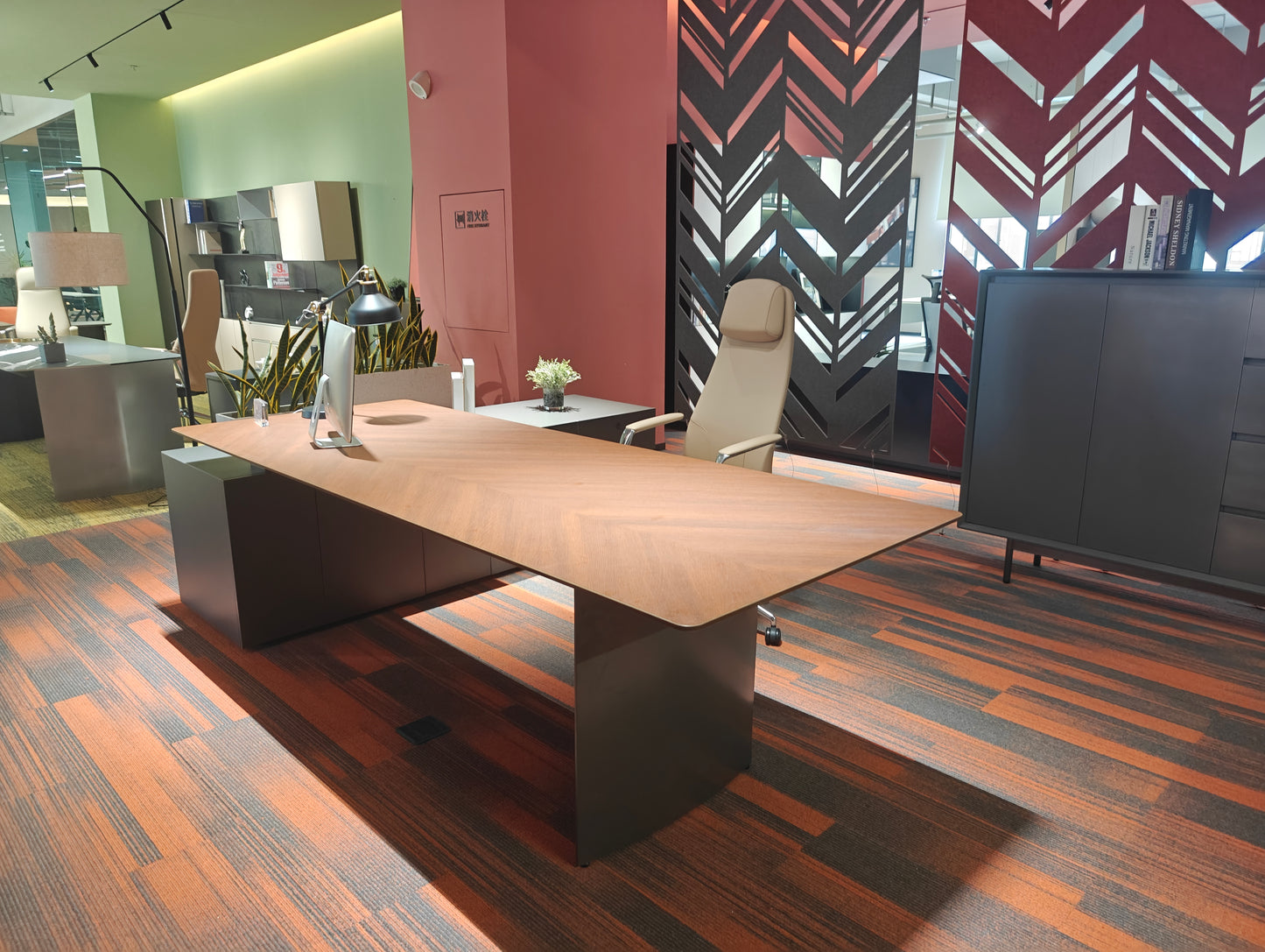Industrial Modern Executive Desk | Chevron Wood Top with Gunmetal Side Cabinet