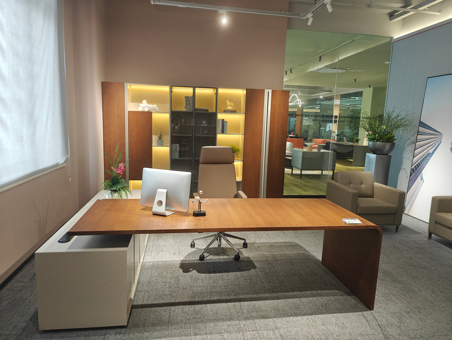 Seamless Waterfall Edge Executive Desk | Modern L-Shaped Wood Workstation