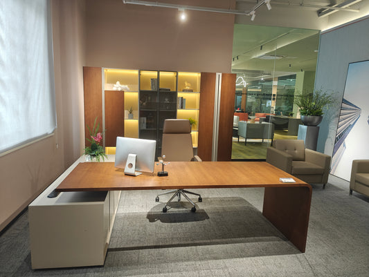 Seamless Waterfall Edge Executive Desk | Modern L-Shaped Wood Workstation