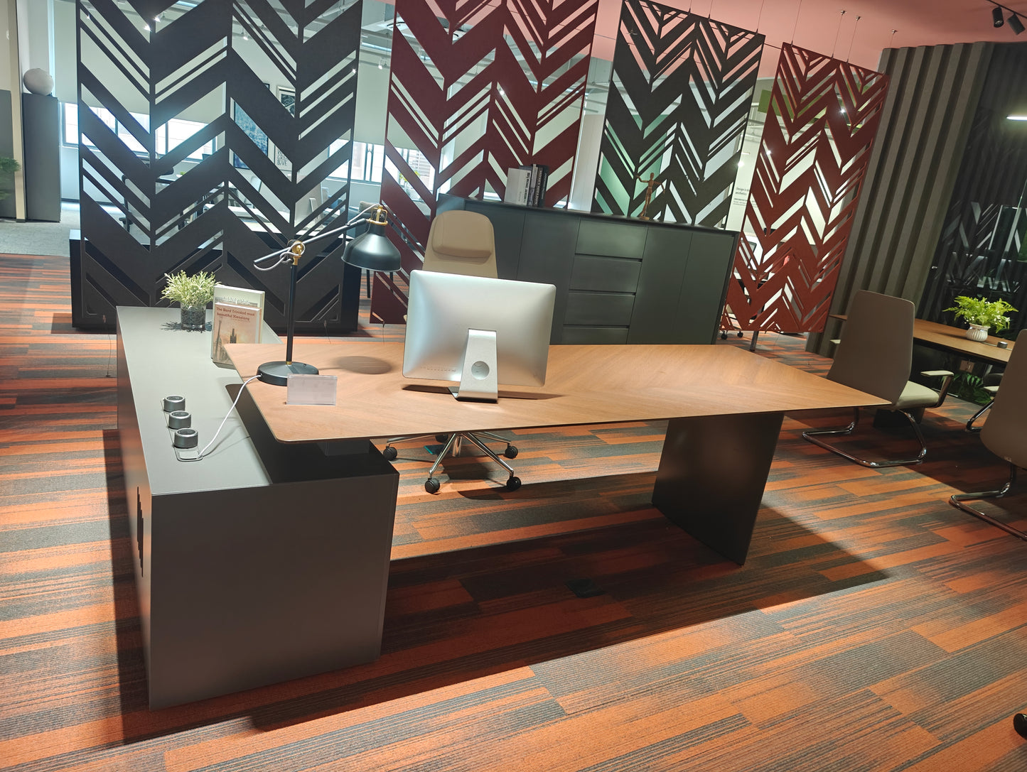 Industrial Modern Executive Desk | Chevron Wood Top with Gunmetal Side Cabinet