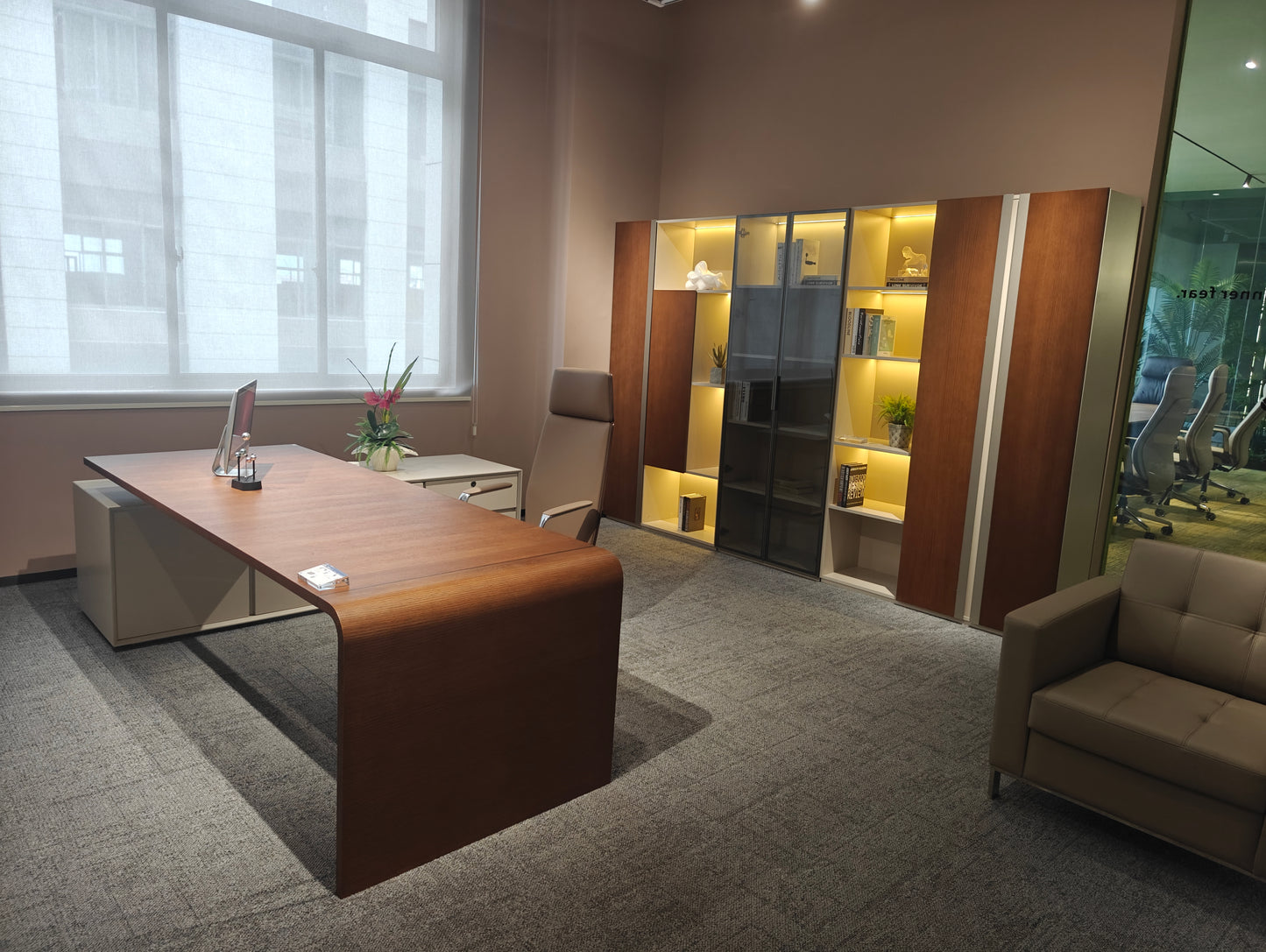 Seamless Waterfall Edge Executive Desk | Modern L-Shaped Wood Workstation