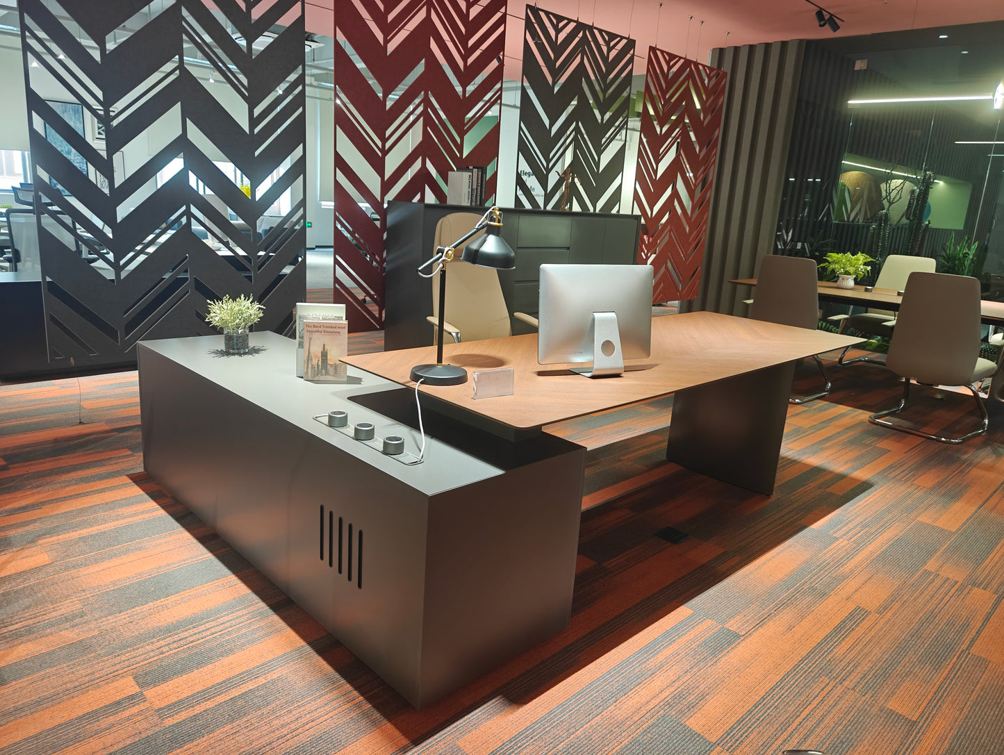 Industrial Modern Executive Desk | Chevron Wood Top with Gunmetal Side Cabinet