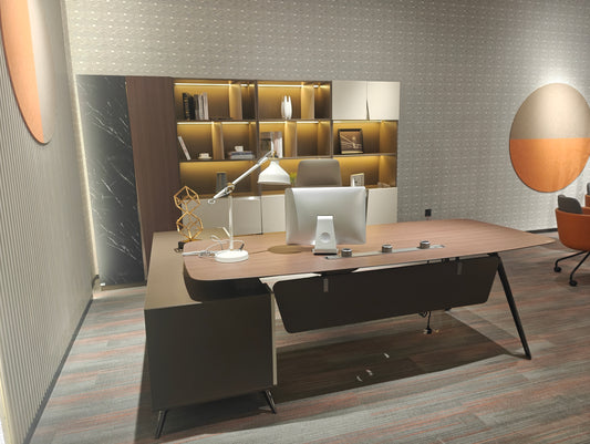 Modern Italian Executive Desk | Tapered Walnut Workstation with Matte Charcoal Credenza