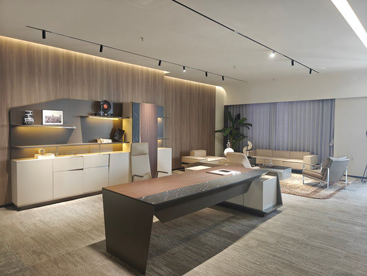 Architect-Designed Angular Executive Desk | Marble-Edge Wood CEO Workstation