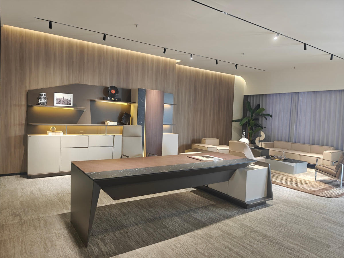 Architect-Designed Angular Executive Desk | Marble-Edge Wood CEO Workstation