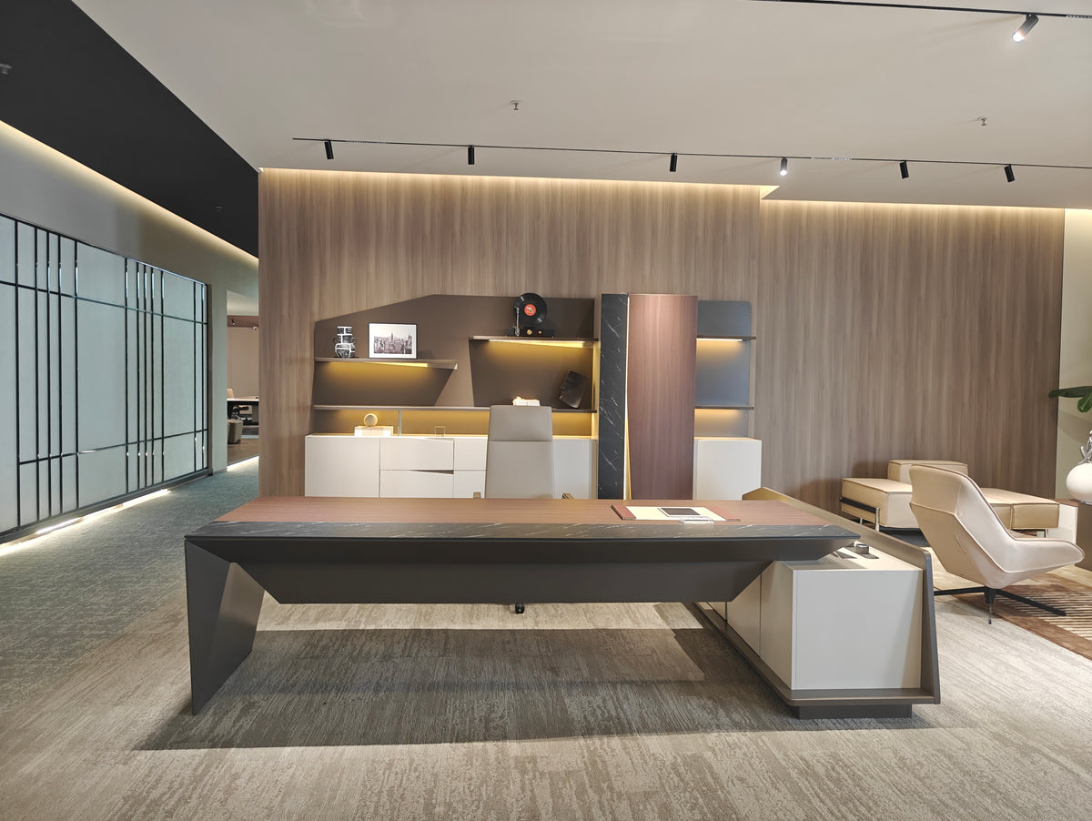 Architect-Designed Angular Executive Desk | Marble-Edge Wood CEO Workstation