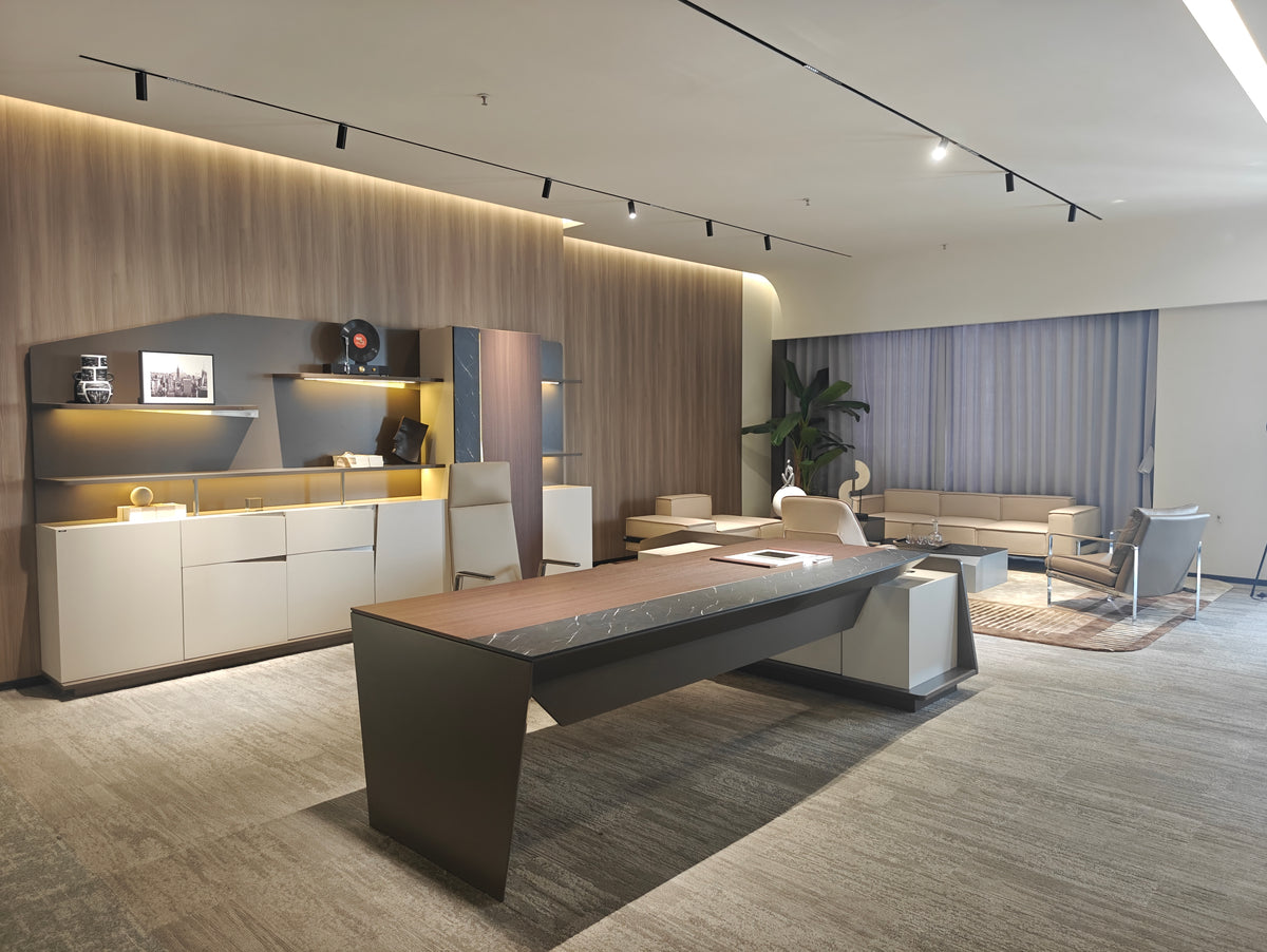 Architect-Designed Angular Executive Desk | Marble-Edge Wood CEO Workstation