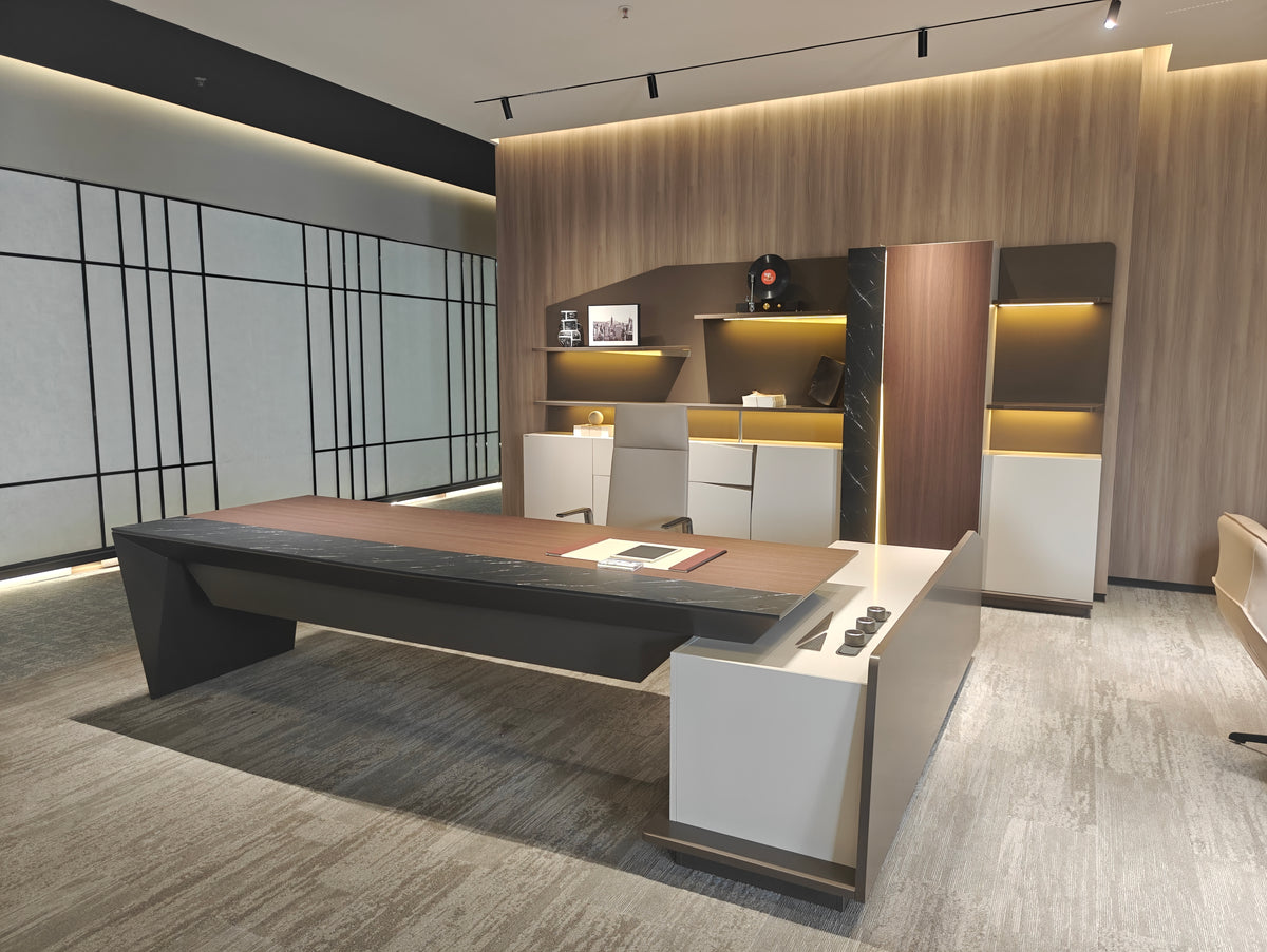 Architect-Designed Angular Executive Desk | Marble-Edge Wood CEO Workstation