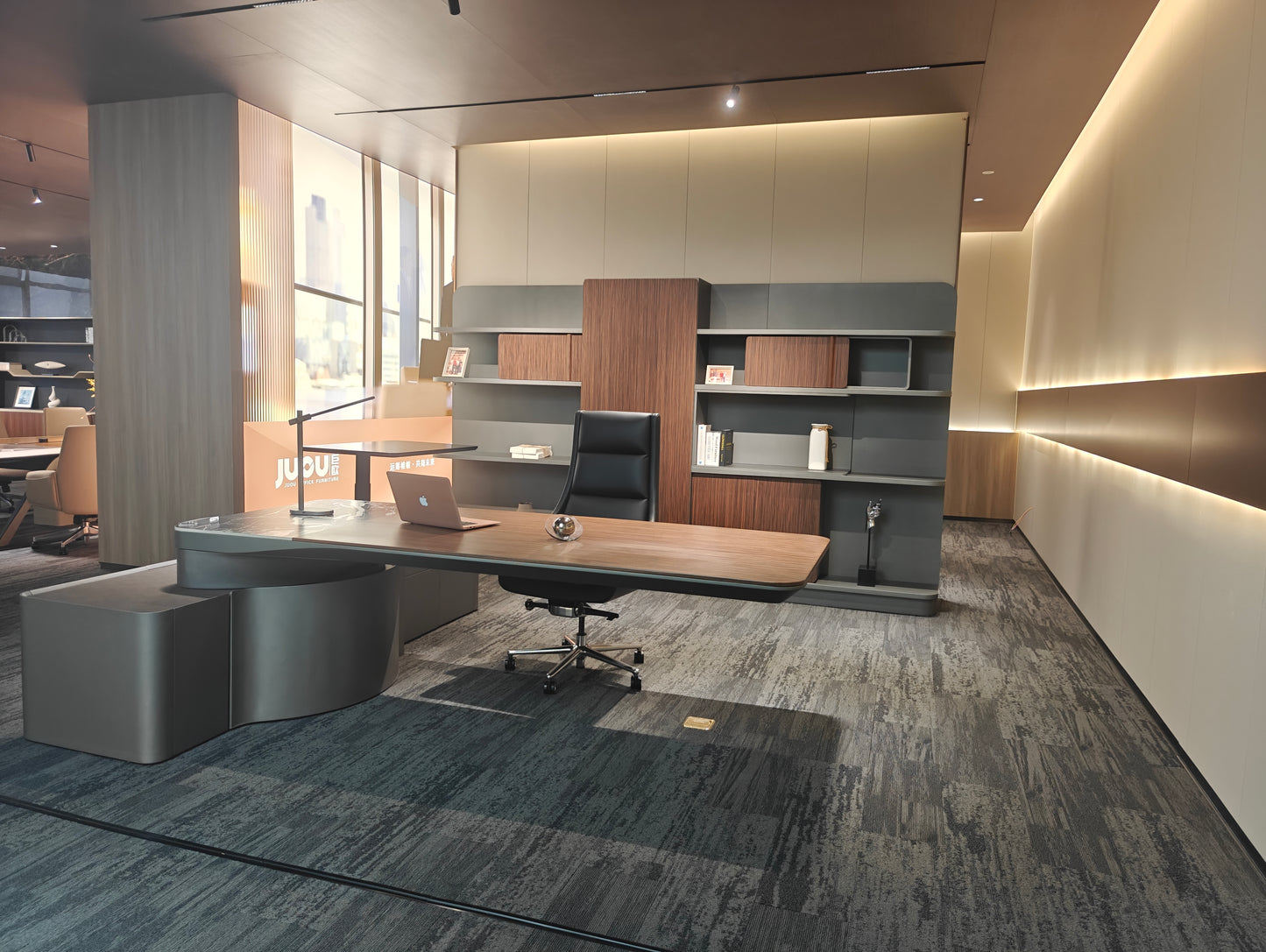 Ultra-Modern CEO Workstation | Wood & Marble-Texture L-Shaped Executive Desk