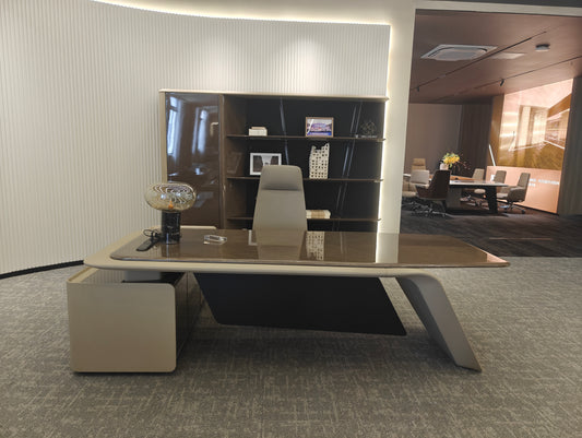 Luxury High-Gloss Executive Desk | Sculptural L-Shaped CEO Workspace