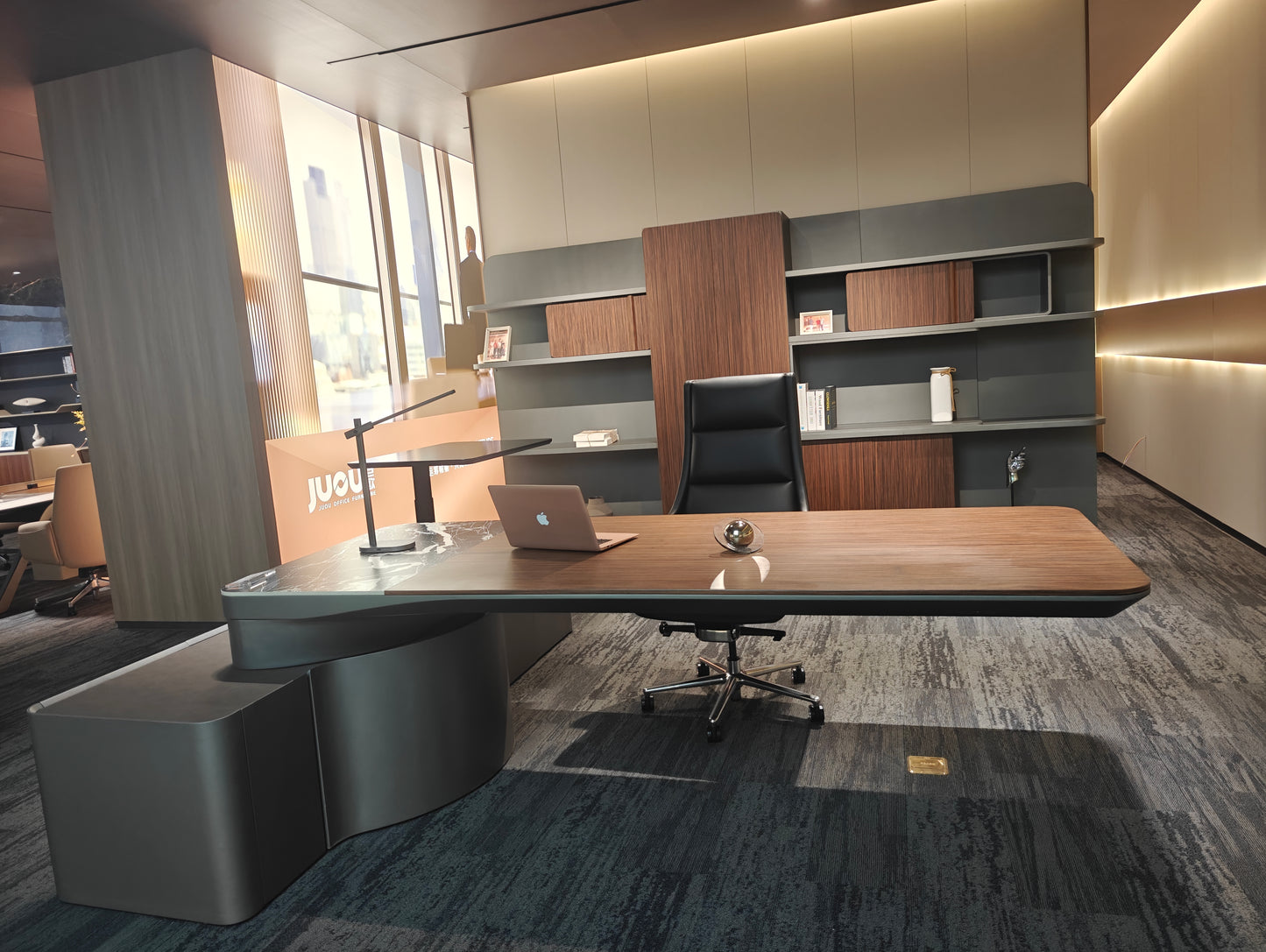 Ultra-Modern CEO Workstation | Wood & Marble-Texture L-Shaped Executive Desk