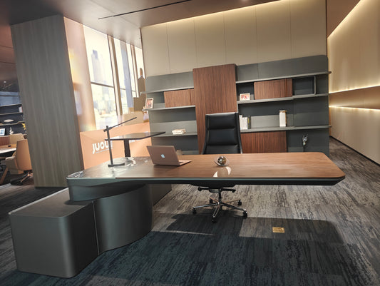 Ultra-Modern CEO Workstation | Wood & Marble-Texture L-Shaped Executive Desk