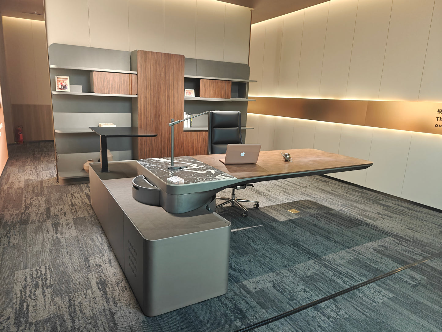 Ultra-Modern CEO Workstation | Wood & Marble-Texture L-Shaped Executive Desk
