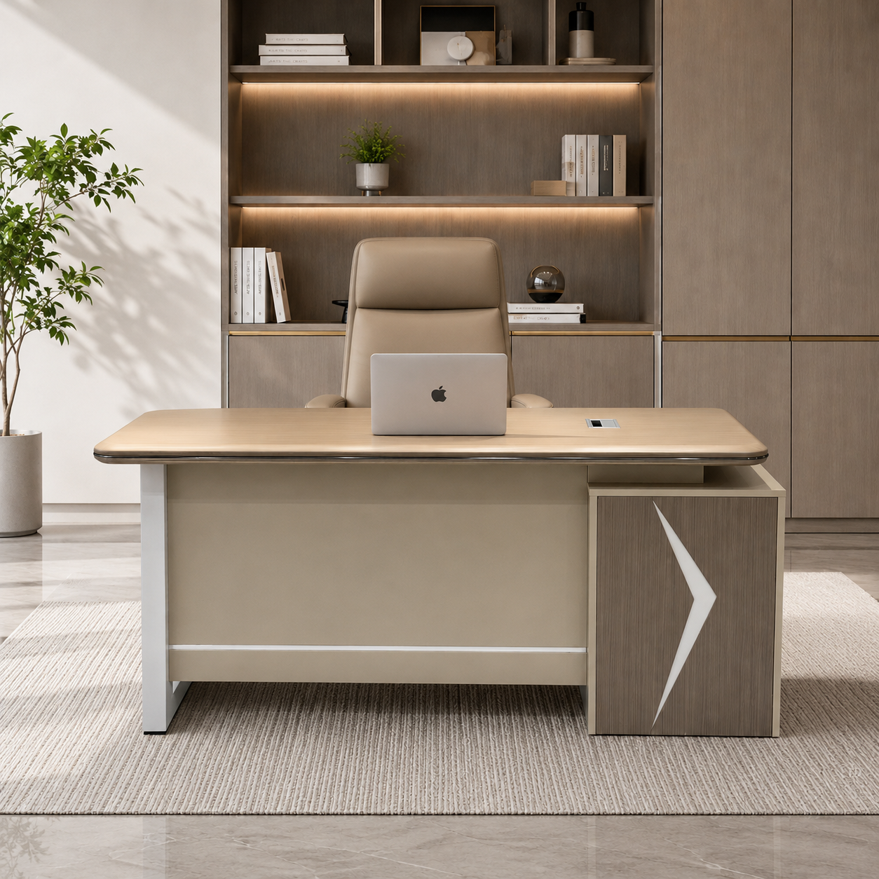 Modern Futuristic Executive Desk | Light Oak Workstation with Illuminated Chevron Credenza