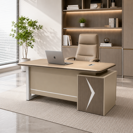 Modern Futuristic Executive Desk | Light Oak Workstation with Illuminated Chevron Credenza