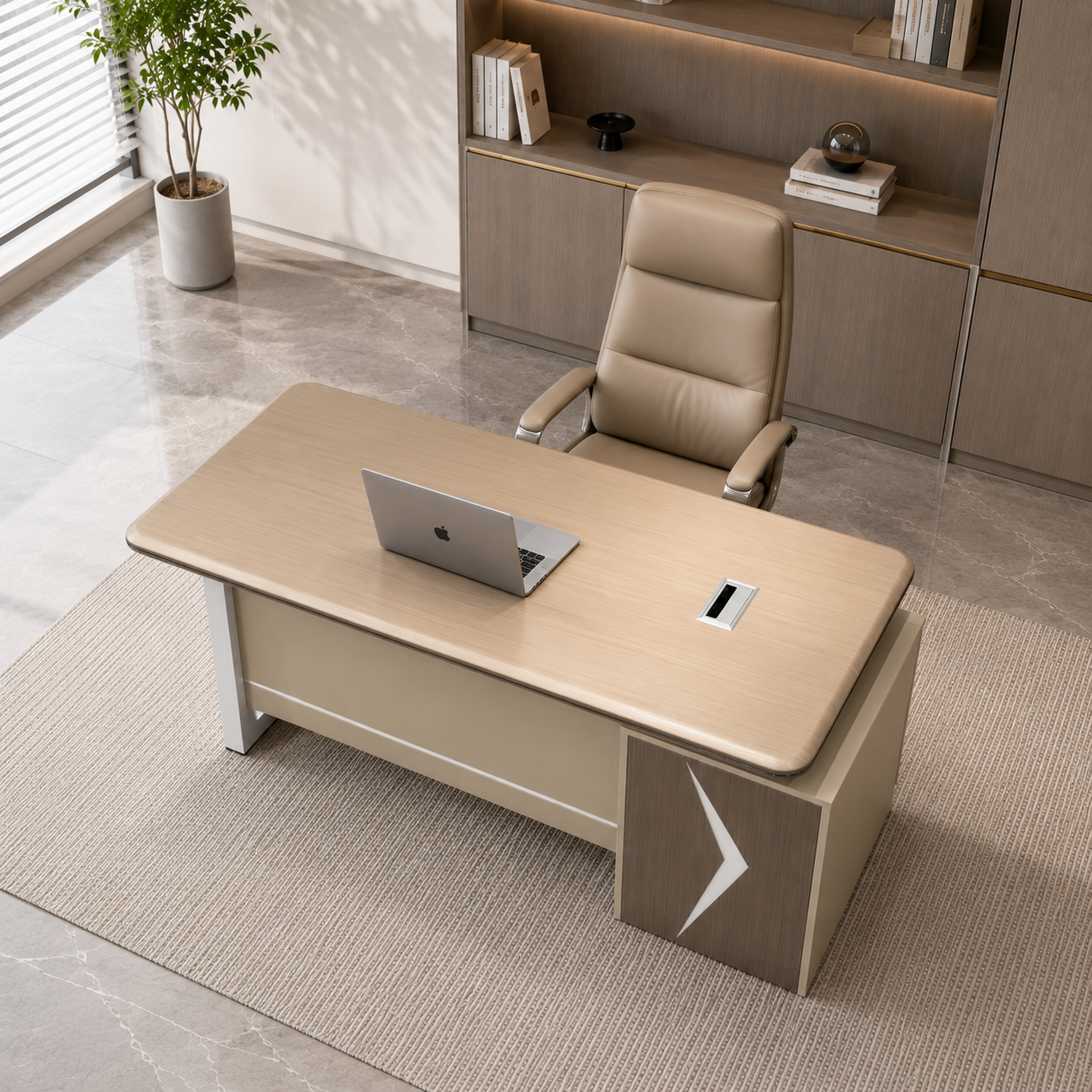 Modern Futuristic Executive Desk | Light Oak Workstation with Illuminated Chevron Credenza