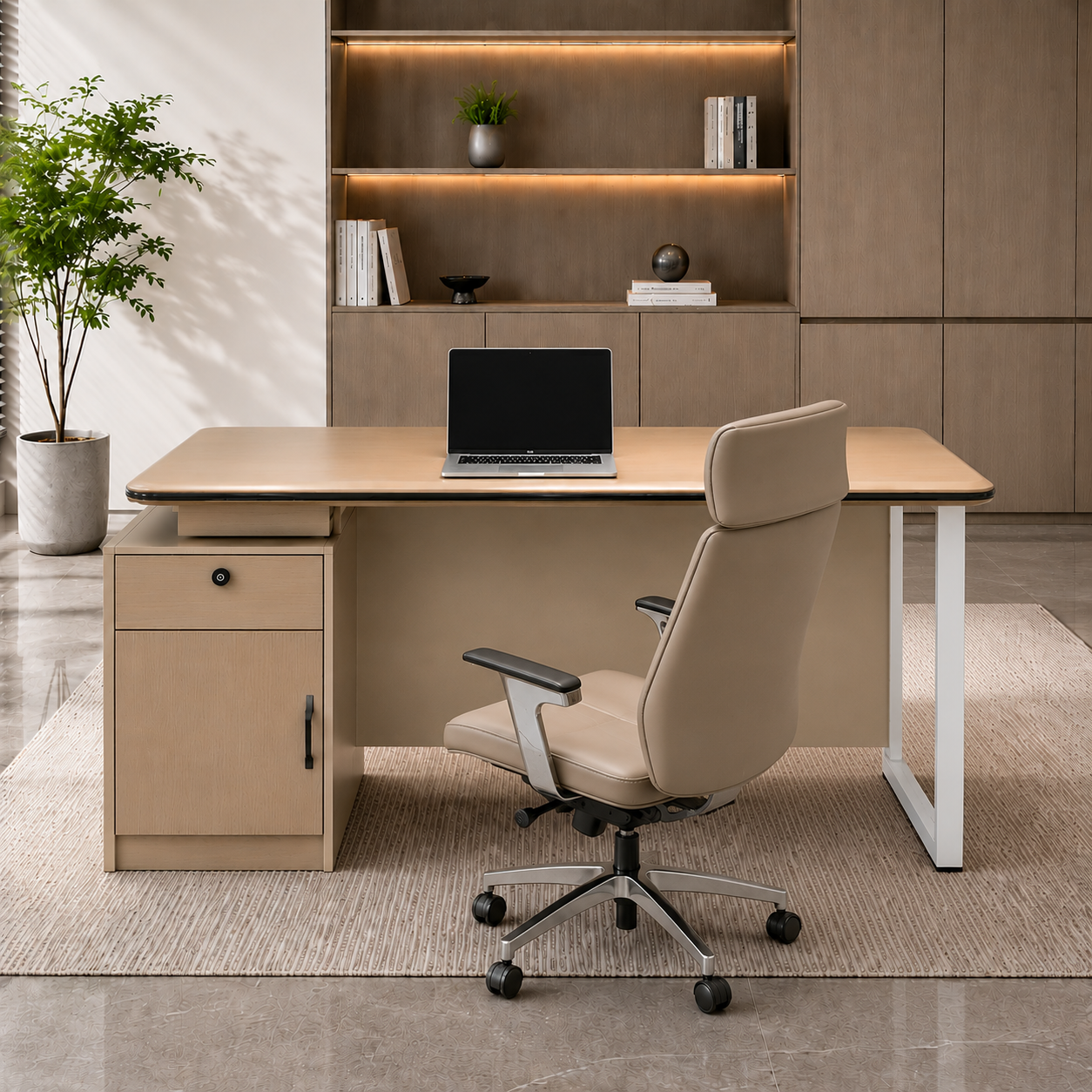 Modern Futuristic Executive Desk | Light Oak Workstation with Illuminated Chevron Credenza