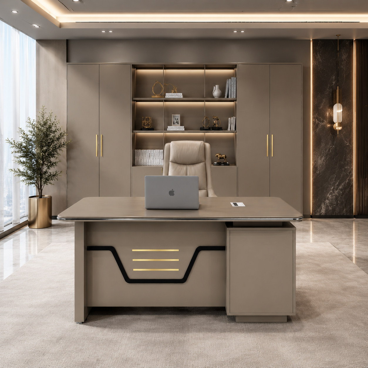 Modern Prestige Executive Desk | Taupe Manager Workstation with Gold Inlay Accents