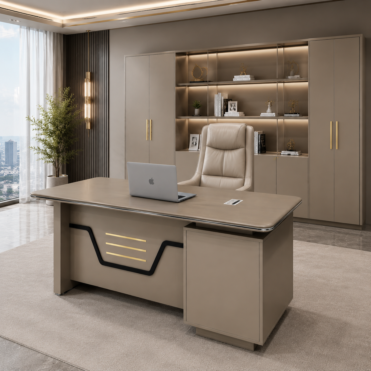 Modern Prestige Executive Desk | Taupe Manager Workstation with Gold Inlay Accents