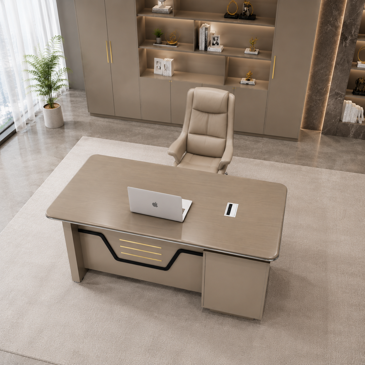 Modern Prestige Executive Desk | Taupe Manager Workstation with Gold Inlay Accents