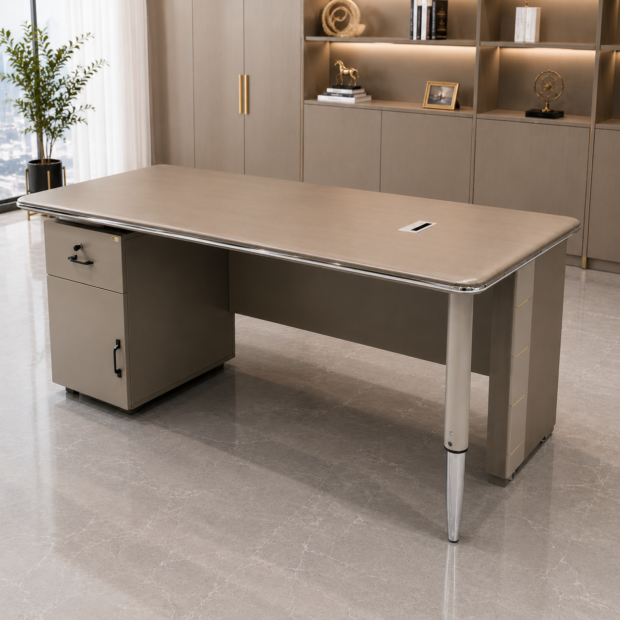 Modern Prestige Executive Desk | Taupe Manager Workstation with Gold Inlay Accents