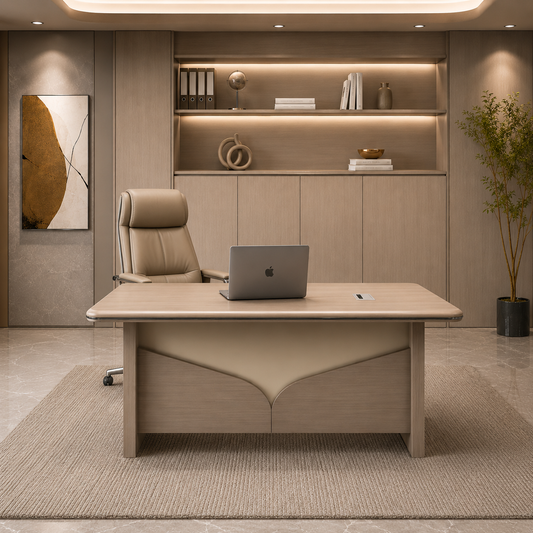 Modern Organic Executive Desk | Light Oak Workstation with Sculpted Modesty Panel