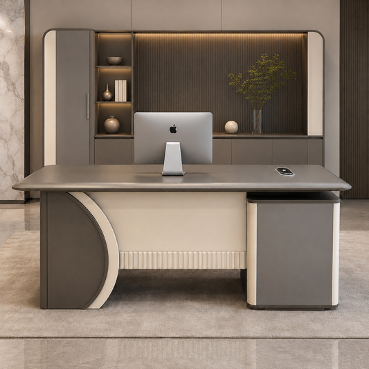 Modern Italian Executive Desk | Charcoal & Cream Manager Workstation with Fluted Trim