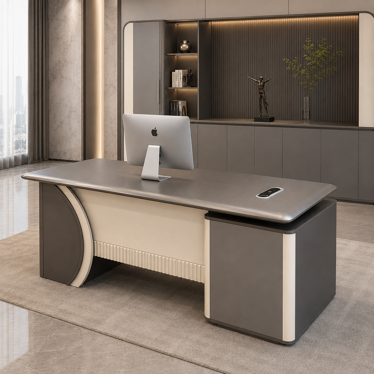 Modern Italian Executive Desk | Charcoal & Cream Manager Workstation with Fluted Trim
