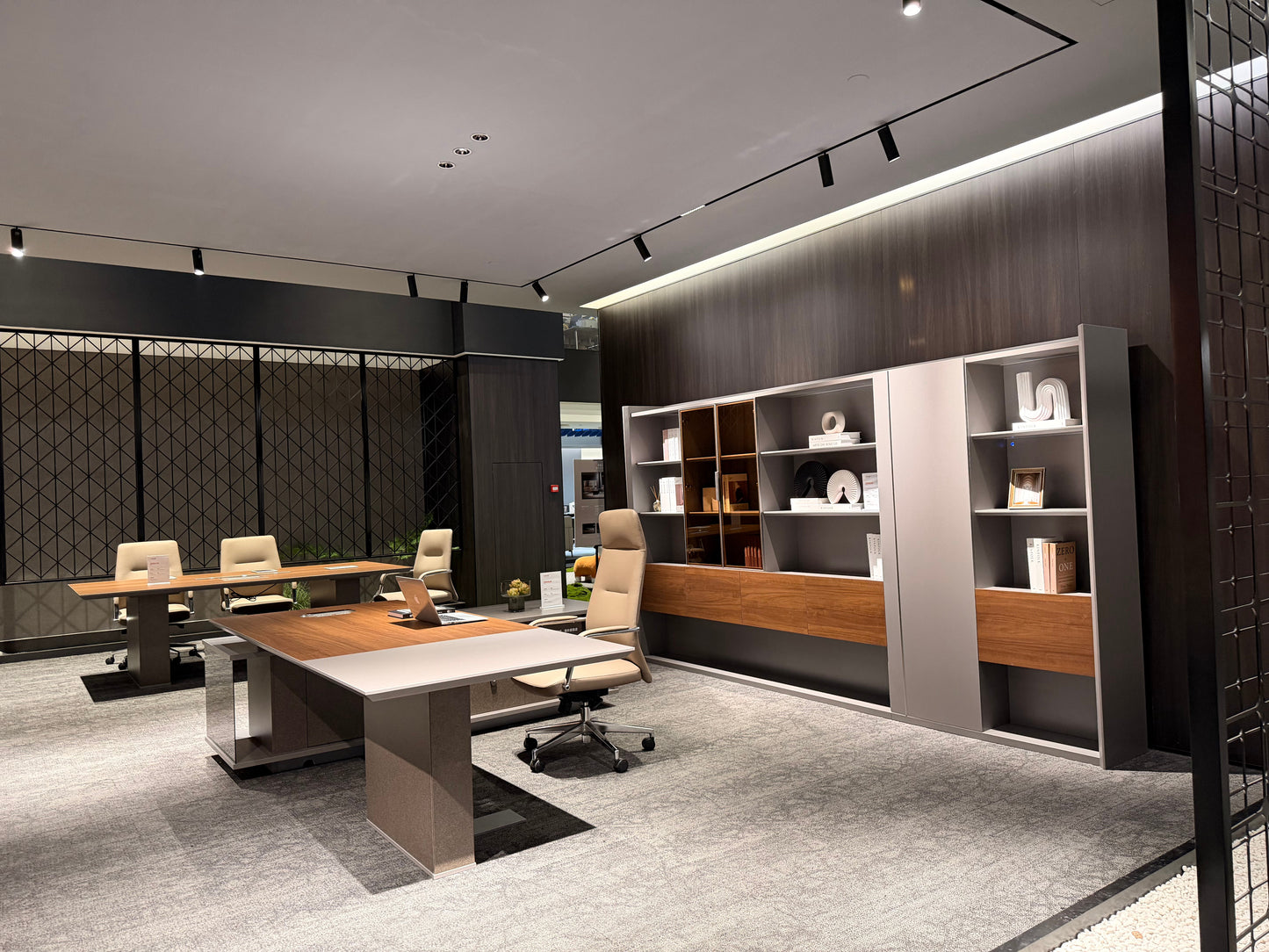 Modern Asymmetrical Executive Desk | Dual-Tone CEO Workstation with Tinted Glass Accent