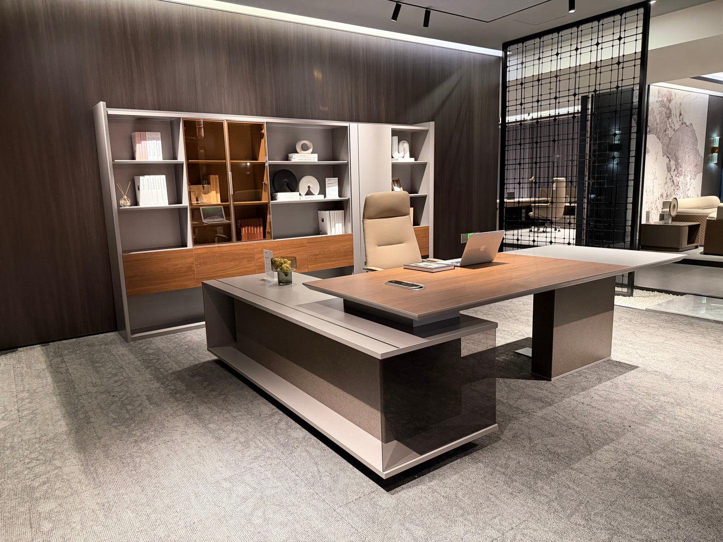 Modern Asymmetrical Executive Desk | Dual-Tone CEO Workstation with Tinted Glass Accent
