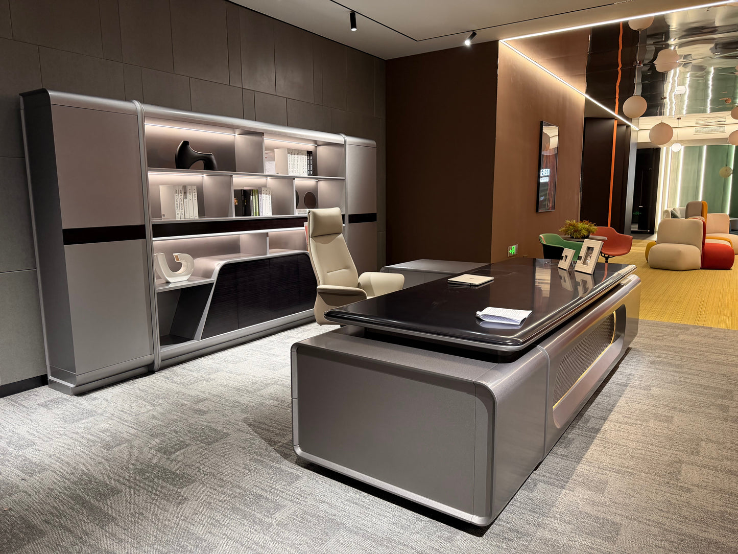 Cyber-Command Executive Desk | Futuristic Metallic CEO Workstation with LED Accent